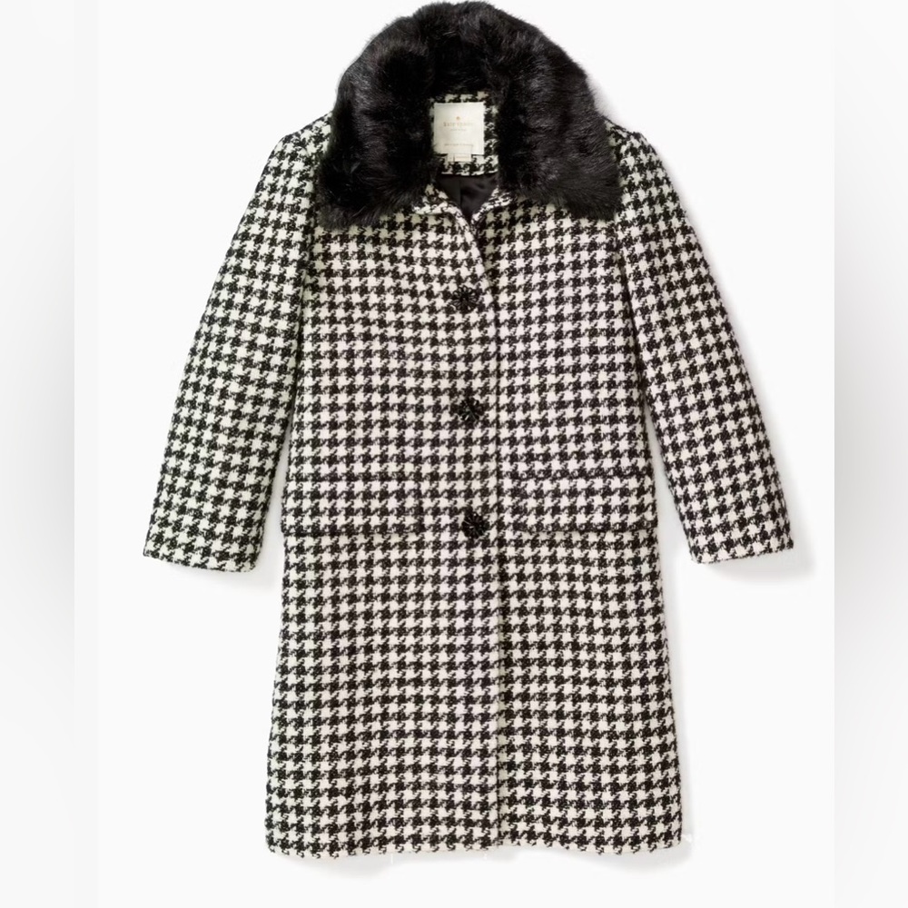 NWT Kate Spade Faux Fur Houndstooth Coat size 4 'dashing beauty'